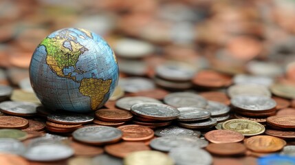 Poster - Coins and a miniature globe on a digital background displaying stock market trends, symbolizing global finance and investments