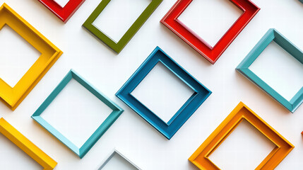 Colorful geometric frames arranged in creative pattern on white background, showcasing vibrant colors like red, yellow, green, blue, and turquoise, perfect for artistic displays