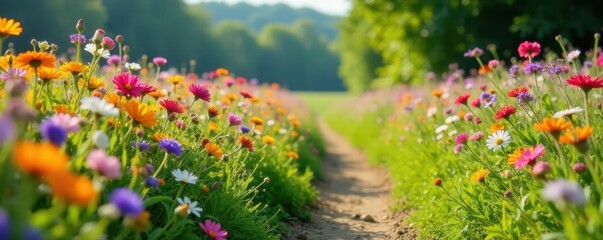 Wall Mural - Wildflowers blooming along a country path, vibrant colors , daytime, serene, grass