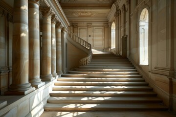 Poster - Sunlight streams through arched windows, casting shadows on a majestic staircase in a historical building, highlighting classical architecture
