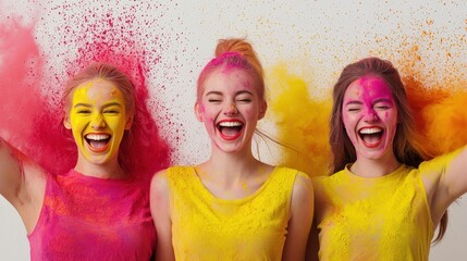 Three joyful women covered in vibrant colors celebrate with laughter, embodying the spirit of fun and festivity.