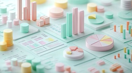 Poster - Detailed financial reports with 3D pastel-colored bar charts and pie graphs arranged neatly on a flat surface