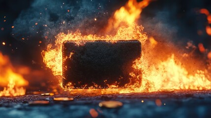 Poster - Digital wallet in flames, representing cryptocurrency value collapse, intense fiery effects