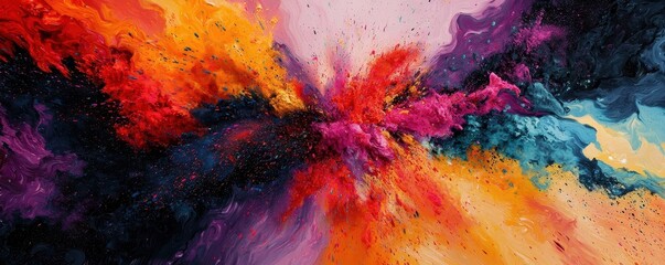 Poster - A vibrant abstract painting bursting with colors like orange, pink, purple, and blue, creating a dynamic and energetic visual experience.