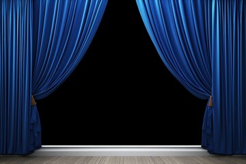 Poster - elegant navy blue 3d curtains open to a dark background, perfect for stage, theater, or window decor
