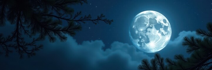Wall Mural - Intricate moon detail, ethereal light, pine branches, dark starry sky , nebula, gold, cosmic