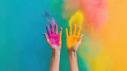 Wall Mural - Colorful hands covered in vibrant powders against a bright background, symbolizing joy and creativity.