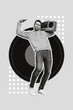 © deagreez - Vertical collage image of excited carefree guy carry boombox dancing good mood big vinyl record isolated on drawing pink background