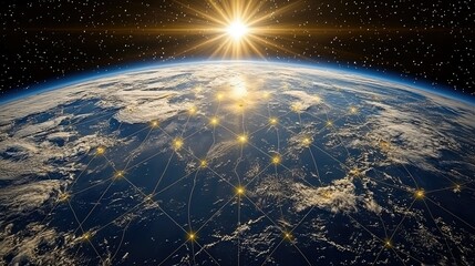 Poster - Global Network Illuminated by Sunrise Over Earth