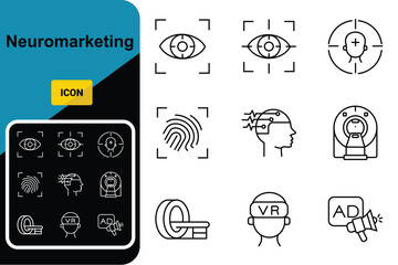 Neuromarketing icon Line Icon Set, Editable Stroke. Eye Tracking, Gaze, Pupillometry, Facial, Coding, Biometric, Vr, Strategy.