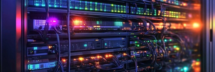 Poster - colorful network data center rack with active led lights, cables, and equipment for modern computing