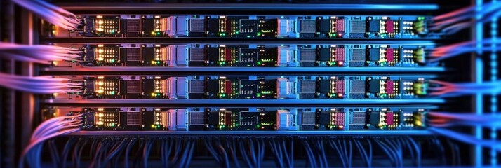 Poster - data center network device overview with cables in a modern setup for technology and infrastructure 