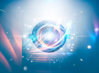 Poster - Abstract digital artwork depicting a glowing, circular technological core.  Surrounding it are light trails and particles, suggesting energy or data flow.  The color palette is primarily cool blues an