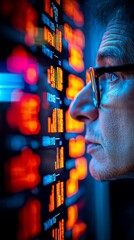 Poster - Analyst reviewing data, night city, stock market, financial