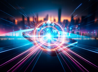 Aufkleber - A futuristic cityscape magically appears on a smartphone screen, glowing with vibrant neon lights against a blurred city skyline at sunset.  The scene evokes a sense of technological advancement and u