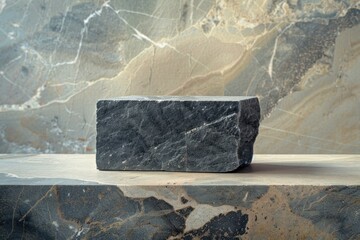 Poster - Empty black stone podium on marble slab for product presentation over marble background