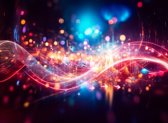 Poster - Vibrant, swirling lights create an abstract, cosmic scene.  Warm oranges and yellows contrast with cool blues and purples, evoking a sense of energy and depth. The bokeh effect adds to the magical atm