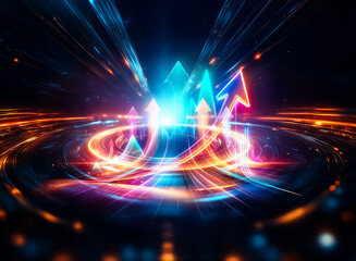 Poster - Vibrant neon arrow and line graph ascend against a dark background, symbolizing growth and progress.  A futuristic representation of upward trajectory and success.