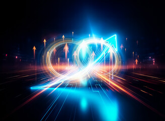 Poster - Glowing blue arrow ascends, symbolizing growth and progress, with light trails depicting data streams.  Its reflection mirrors the upward trajectory.