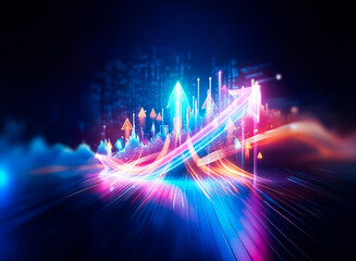 Poster - A vibrant neon arrow ascends, illustrating growth and progress against a dark background, its reflection adding depth and emphasis to the upward trajectory.