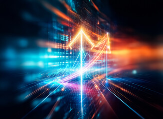 Poster - Vibrant neon arrow and graph ascend against a dark background, symbolizing growth and success.  The image evokes a sense of upward trajectory and positive momentum.