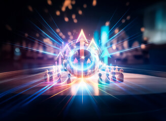 Poster - Glowing globe encircled by wooden figures on a dark background, representing global connection and community.  Light beams emanate, symbolizing interconnectedness.