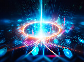 Poster - Abstract digital security concept.  Glowing blue padlock icons arranged in a hexagonal grid, representing data protection and network security.  Cybersecurity, data encryption, and digital safety are 