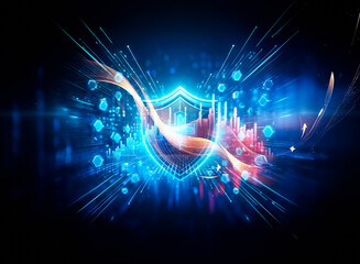 Aufkleber - A glowing blue shield, emblazoned with a cross, is surrounded by radiating energy bursts and crystalline structures.  It symbolizes protection and digital security.