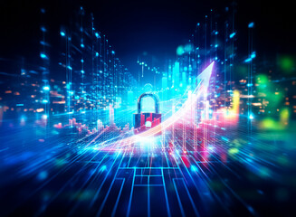 Fototapete - A glowing padlock sits at the center of a digital highway, representing cybersecurity and data protection within a network.  The scene is dark, with bright blue lines suggesting a complex system.
