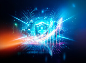 Aufkleber - A glowing blue shield with a plus symbol at its center, surrounded by hexagonal structures and radiating light bursts against a dark background.  The image evokes protection, health, and technology.