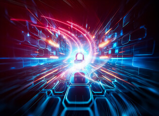 Poster - A glowing blue digital corridor, reminiscent of a circuit board, features a padlock at its center.  This symbolizes data security and protection within a technological landscape.
