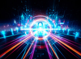 Aufkleber - A glowing padlock rests at the center of a futuristic, digital landscape.  Blue energy pulses along intricate circuitry, symbolizing data protection and cybersecurity.
