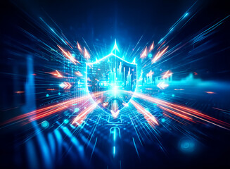 Poster - Glowing blue shield with a cross, radiating energy, symbolizes protection and digital security.  Dark background enhances the vibrant light.