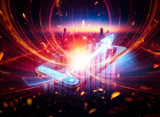 Poster - A futuristic city skyline displayed on a smartphone screen, showcasing advanced technology and urban development at sunset.  The city is vibrant and reflects on a dark, glossy surface.
