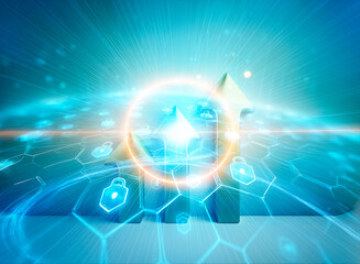Poster - Glowing blue hexagonal grid encircles a dark sphere, each hexagon containing a glowing padlock icon, symbolizing global cybersecurity and data protection.  Digital streams emanate from the sphere's su