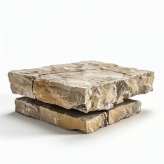 Poster - two rough hewn square stone slabs balancing precariously on a white background create a concept of b