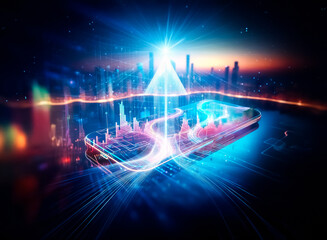 Fototapete - A futuristic city skyline reflected on a smartphone displaying dynamic, glowing pathways.  The image showcases advanced technology and urban development.