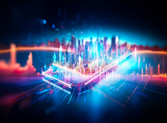 Poster - A miniature cityscape sits on a smartphone screen, representing the concept of a mobile-accessible smart city with futuristic technology.  The scene is vibrant, showcasing digital innovation and urban
