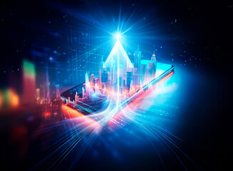 Poster - A futuristic cityscape, rendered in vibrant neon hues, magically appears on a sleek smartphone screen, symbolizing the digital age and the convergence of technology and urban life.