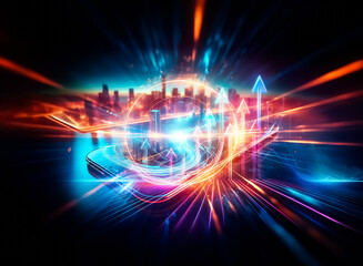 Aufkleber - A futuristic cityscape is depicted on a smartphone, showcasing vibrant neon lights and a winding road.  The scene blends reality and digital technology, highlighting urban development and connectivity