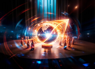 Aufkleber - Illuminated globe encircled by glowing network lines, surrounded by wooden figures on a dark surface, suggesting global connection and community.