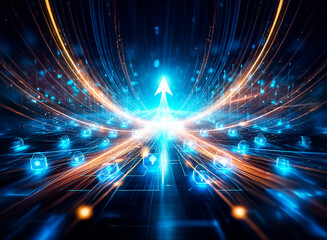 Poster - Abstract digital landscape with glowing blue padlocks arranged on a circuit board pattern, representing cybersecurity and data protection.  A futuristic and secure network is implied.