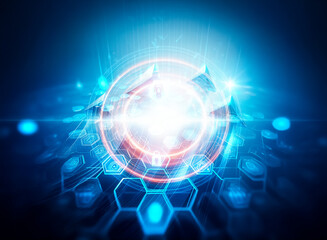Poster - Abstract digital art depicting a futuristic network security system.  Glowing blue hexagons, data streams, and security icons form a complex, interconnected system.  A central lock icon represents cor