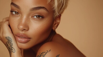 Aufkleber - Soft lighting highlights the model's captivating features, including her striking eyes and delicate tattoos. The warm tones emphasize her natural beauty, creating an intimate atmosphere