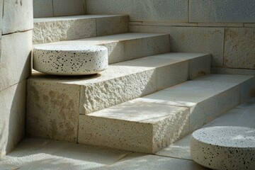 Poster - Sunlight illuminating textured stone steps with speckled concrete cylinders adding a touch of modern design to architectural structure