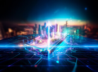 Aufkleber - A futuristic cityscape miniature rests on a smartphone, displayed on a glowing circuit board.  The scene blends physical and digital realms, suggesting technological advancement and urban planning.