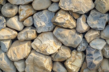 Poster - Close up view of a collection of weathered rocks, showcasing diverse shapes, sizes, and warm color tones