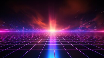 Poster - futuristic 80s retro sci-fi background with neon lights and grid horizon for digital art, gaming and