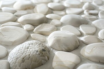 Poster - Close up of a white decorative stone wall covering featuring various shapes, sizes, and textures, creating a unique and visually appealing design