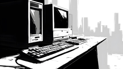 Aufkleber - A minimalist black-and-white image of an old computer setup featuring two monitors and a keyboard atop a desk, with a city skyline in the background